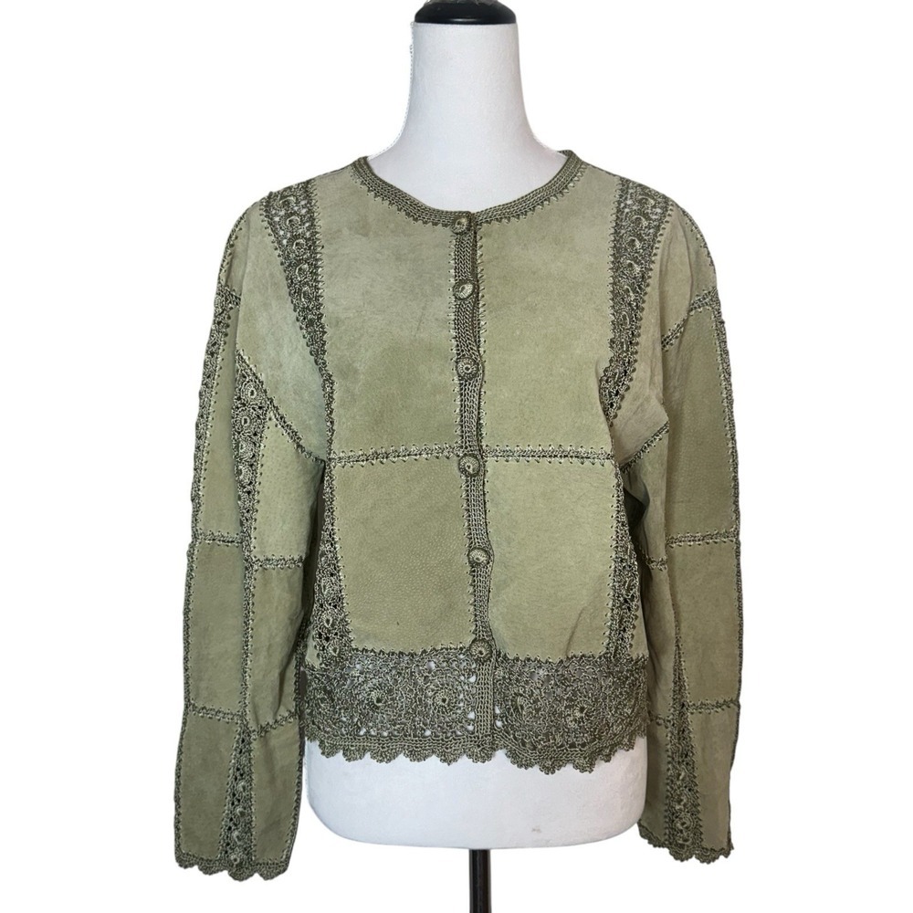Vintage S.M.H Boutique Cropped Leather Boho Crochet Patchwork Jacket Womens L